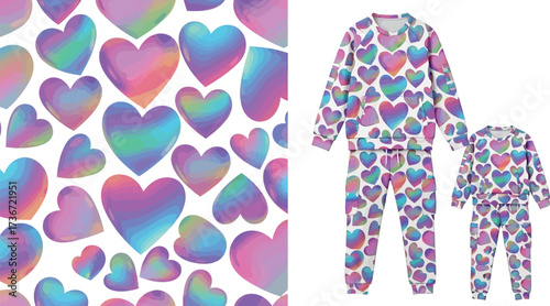Colorful heart pattern background with matching loungewear sets for adults and children displayed