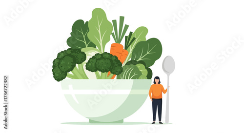 A Woman Stands Next to a Giant Bowl Overflowing With Fresh Vegetables Ready for a Healthy Meal