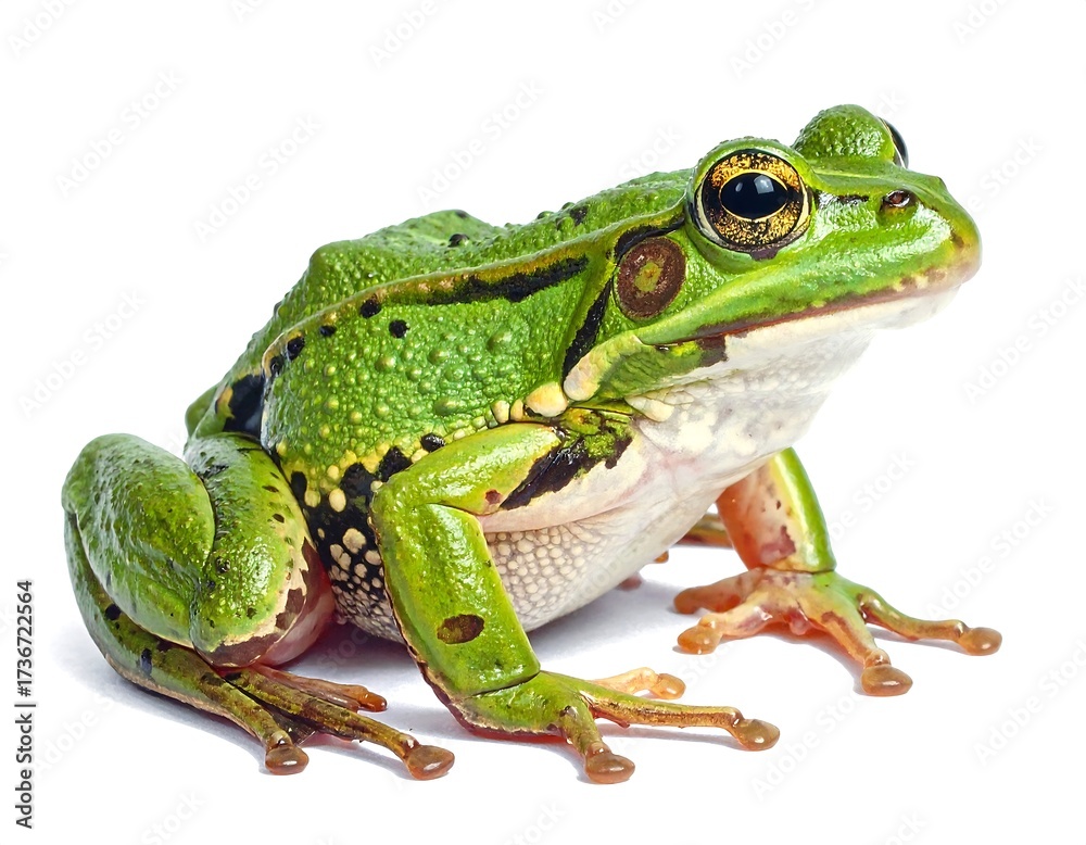 Fototapeta premium Close-up of a vibrant green frog with intricate patterns, showcasing detailed skin textures and bright eyes against a plain white background.
