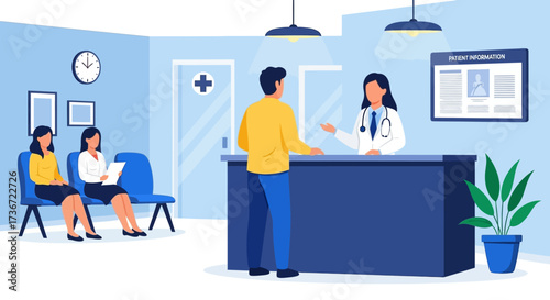 A doctor greets a patient at the reception desk in a modern medical clinic waiting room with other patients seated on chairs