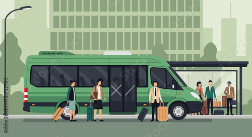 People waiting for transportation at a bus stop with a green shuttle van arriving