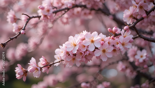 Close-up of blooming cherry blossoms with soft pink petals clustered on delicate branches. The background is blurred, creating a serene, springtime atmosphere.