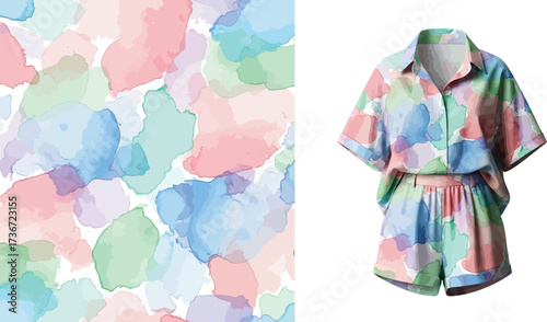 Watercolor pattern background with a matching shirt and shorts outfit on a white background