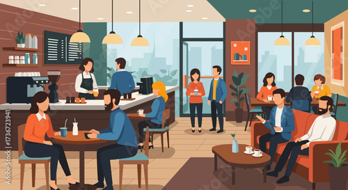 People Enjoying Coffee and Conversation Inside a Lively Modern Cafe with City Views