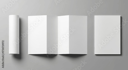Blank paper templates showcasing different folding and rolling formats for marketing materials and creative presentations