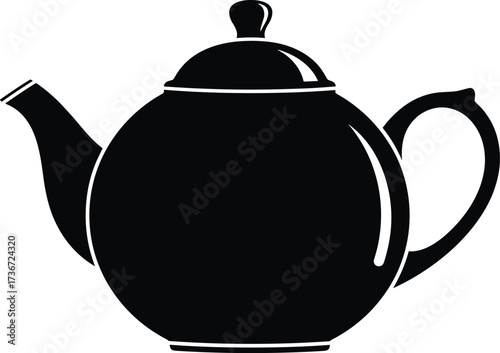 Teapot Silhouette Vector – Rounded Black Kettle with Spout, Handle, and Lid for Tea, Kitchenware, Beverage, and Icon Design