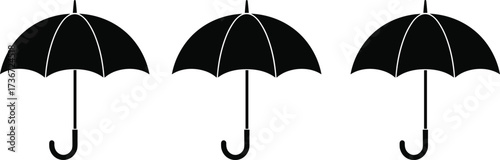 Three Umbrella Silhouette Vector – Black Curved Handle Canopies in Row for Rain, Weather, Fashion, and Symmetry Design Themes