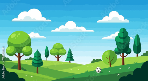 A Vibrant Sunny Day in a Lush Green Meadow with Fluffy Clouds and a Soccer Ball Resting on the Grassy Field under the Bright Blue Sky