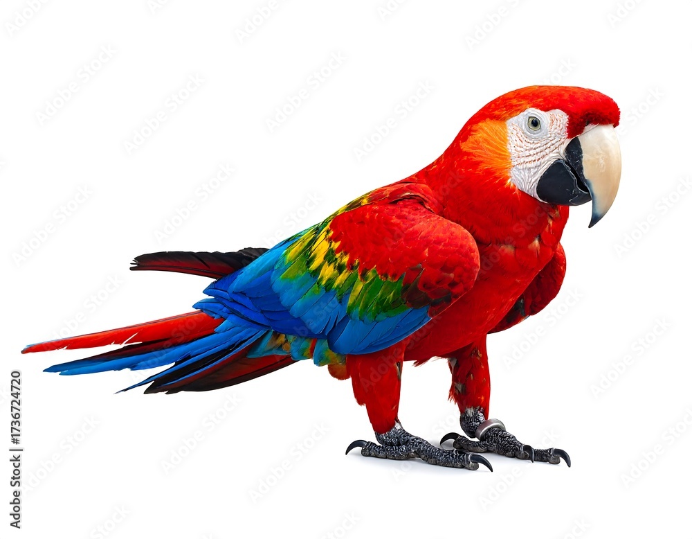 Obraz premium A vibrant scarlet macaw, showcasing a striking array of colorful plumage against a plain white backdrop.