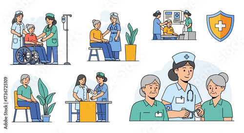 Illustrations depicting medical professionals providing care and support to elderly patients showcasing compassion and dedication in healthcare settings