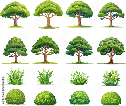 A collection of various cartoon-style trees and bushes with different shapes and sizes, including leafy trees, bare trees, and lush green bushes.