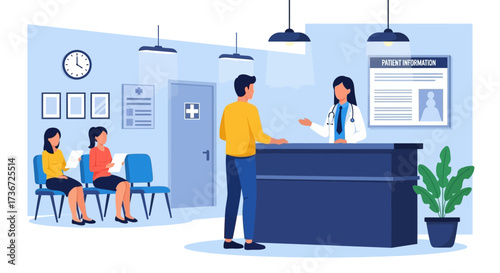 A Busy Medical Clinic Waiting Room Scene with Patients Checking In at the Reception Desk