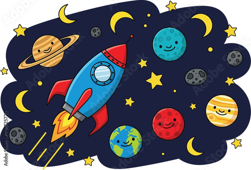 Cartoon rocket ship flying through space with planets stars and moons illustration art work