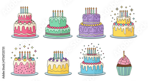 A Whimsical Collection of Multi-Tiered Birthday Cakes and a Single Cupcake Each Adorned with Lit Candles and Sprinkles Creating a Festive and Celebratory Atmosphere