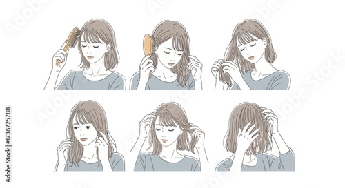 Illustrations depicting a woman's routine for caring for her hair showing different steps from brushing to styling and managing her locks effectively