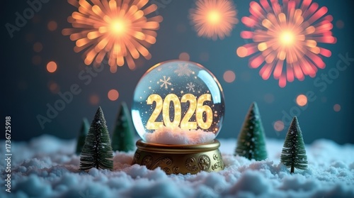New year 2026 snow globe with fireworks and christmas trees
