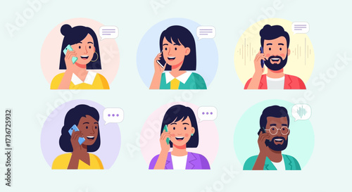 Diverse group of people engaged in phone conversations showcasing modern communication methods and connection across different individuals