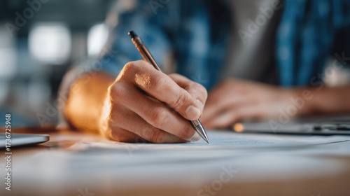 Close-up of man hand holding pen over document. Productivity concentration. Papers write, handwriting. Student creativity, planning, organization. Business, education. Person fill out exam test.