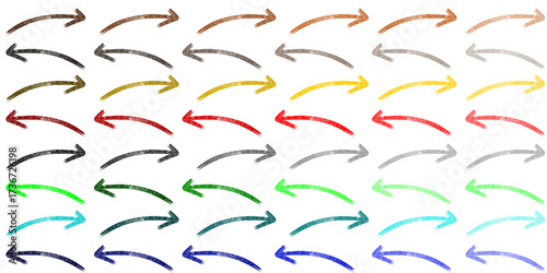 Colorful collection of hand-drawn curved arrows with a grunge texture on a white background.