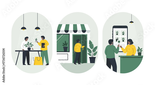 Illustrations depicting the entire process of buying plants from selection to in store pickup and online ordering for a thriving home garden