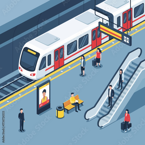 Modern Subway Station with People Boarding and Departing Trains on Escalators and Platforms