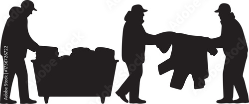 Silhouettes of people working together moving items in a cart and holding a large garment vector