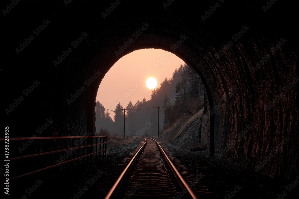 Fototapeta premium Sun Tunnels: A Railroad Perspective with Distant Light and Inviting Tracks Through Forested Landscapes