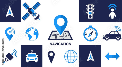 Global Positioning System and Navigation Icons Representing Technology and Travel Services