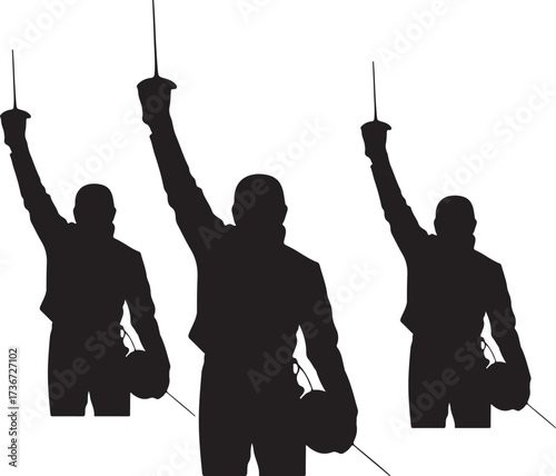 Three fencers in silhouette with raised swords and masks fencing sport