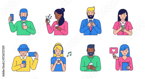 Diverse group of people interacting with their smartphones and mobile devices for various activities