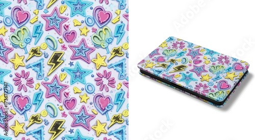 A tablet cover featuring a pattern of stars hearts lightning bolts and other colorful shapes on white