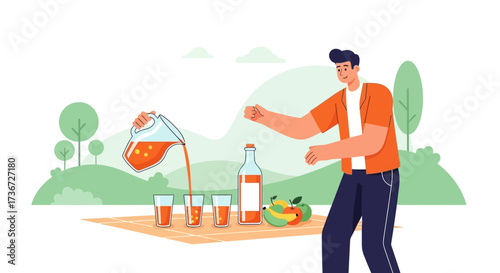 Man pouring juice in glasses drinks illustration on a picnic, vector image