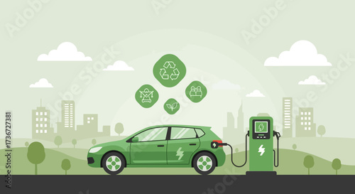 Eco-friendly electric car charging station in a green cityscape representing sustainable urban transportation and renewable energy adoption powering future mobility solutions