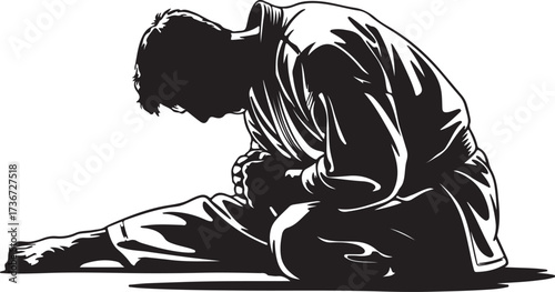 Black and white illustration of a person in martial arts uniform sitting with head bowed karate judo