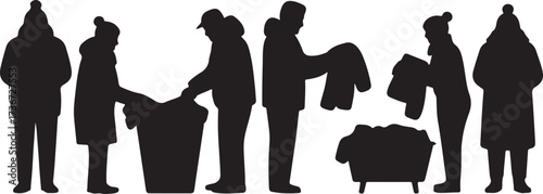 Black silhouette figures in winter clothing interacting with laundry and a basket people