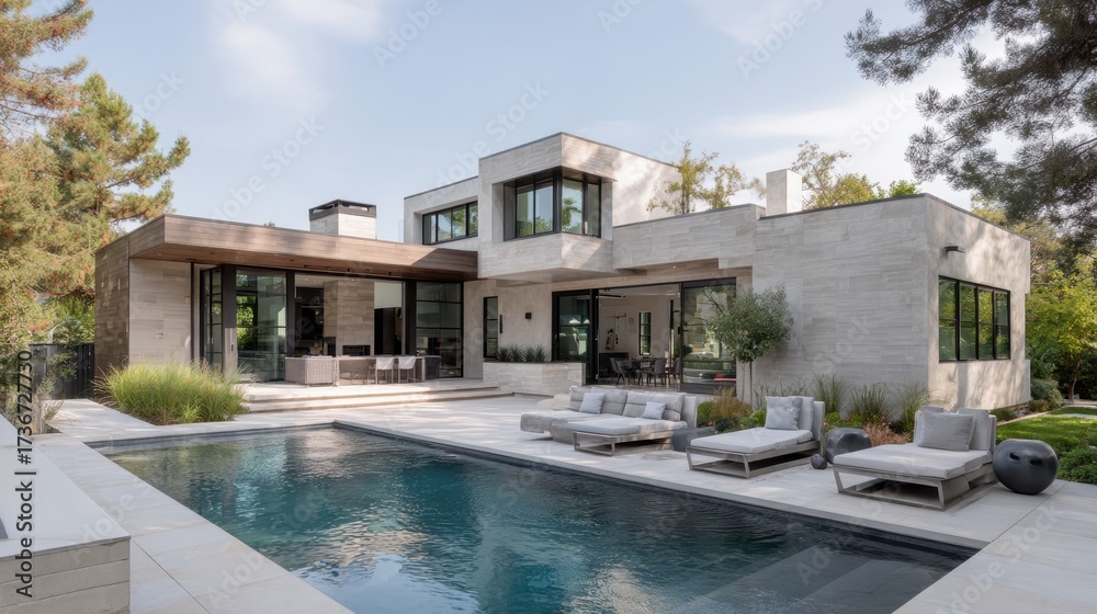 custom made wallpaper toronto digitalModern luxurious villa exterior with pool and contemporary landscaping in serene setting