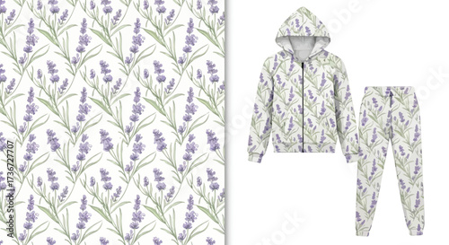 Lavender floral pattern on fabric and matching hoodie and sweatpants on a white background display