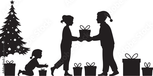 Black silhouette of a Christmas tree with gifts and a family exchanging presents vector