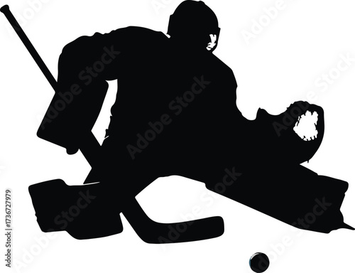 Black silhouette of a hockey goalie in a defensive stance with a puck on the ice hockey sport