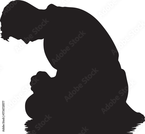 Black silhouette of a man kneeling with head bowed in prayer or contemplation male