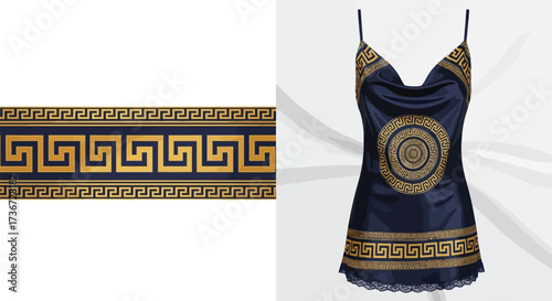 A navy blue slip dress with gold greek key pattern and a matching border design on the left side