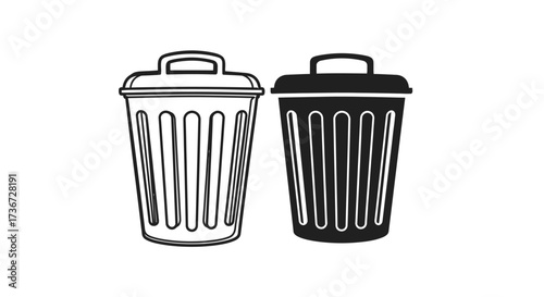 Two stylized trash cans one in outline and the other in solid black representing waste disposal and recycling concepts