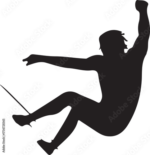 Black silhouette of a person rock climbing reaching upwards climber
