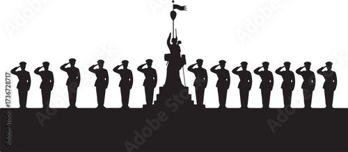Black silhouette of soldiers saluting a central monument with a flag military salute