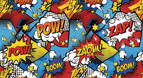 Vibrant comic book pattern featuring pow zap boom and zaow with halftone and star accents throughout design