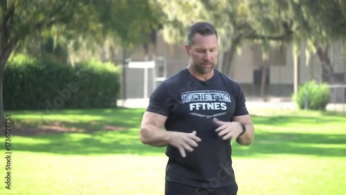 Fitness trainer leading outdoor stretching exercise