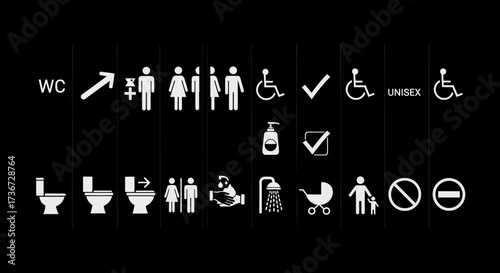 A Comprehensive Collection of Public Restroom and Accessibility Symbols for Diverse User Needs Including Family Facilities and Hygiene Stations