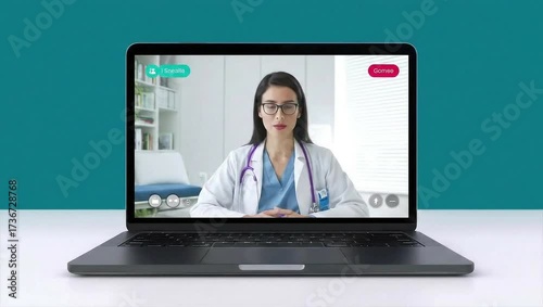 Virtual health consultation with professional on laptop screen.