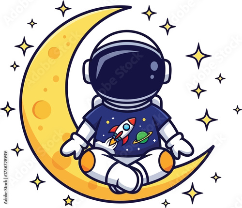 Cartoon astronaut sitting cross legged on a crescent moon surrounded by yellow stars on white background