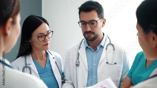 Team of doctors in discussion around medical chart